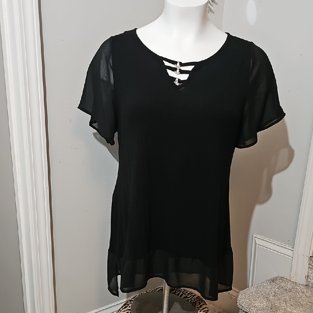 Belldini Black Sheer Blouse with Cutout Detail